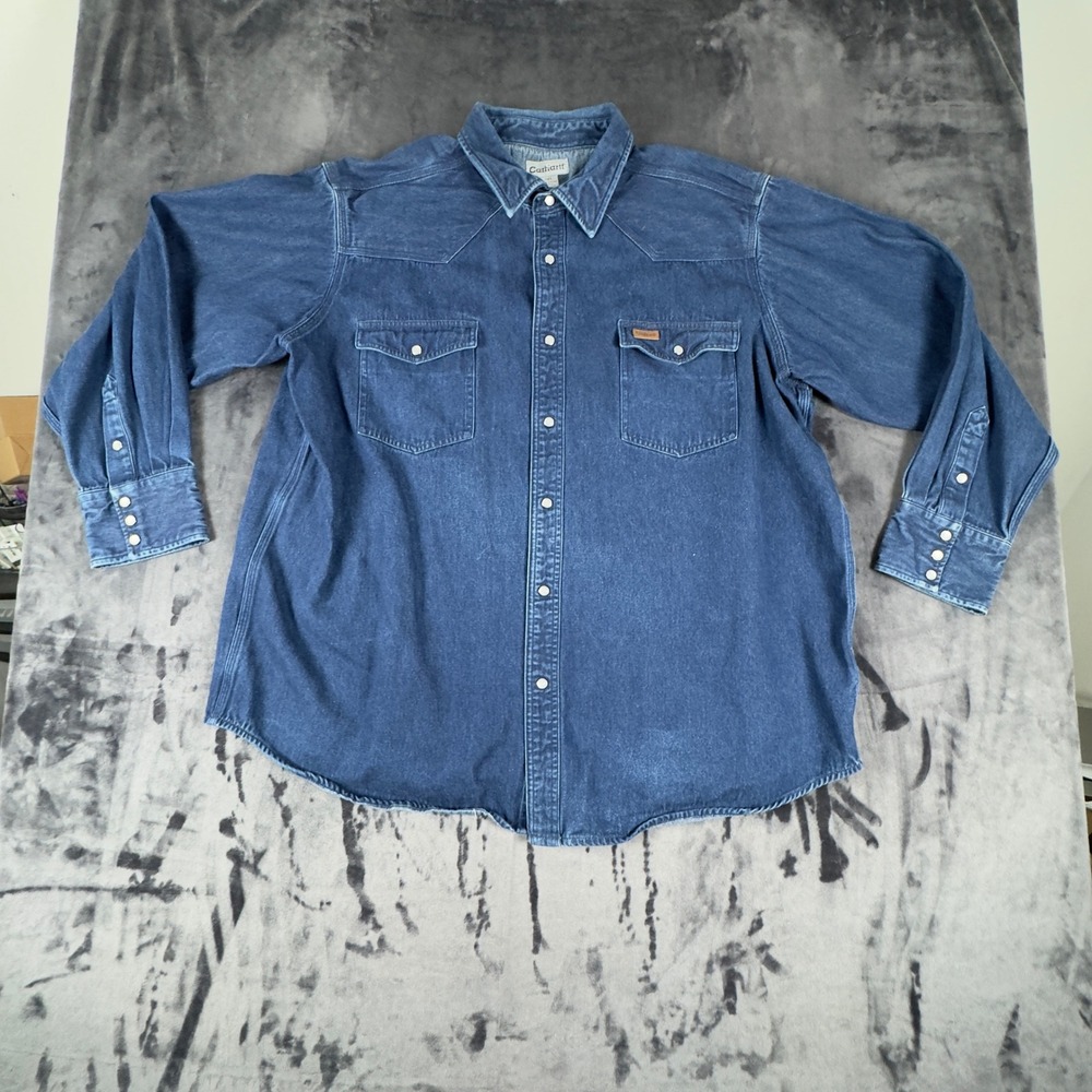 Carhartt Denim Western Shirt Mens 3XL Blue Pearl Snap Long Sleeve Cotton
